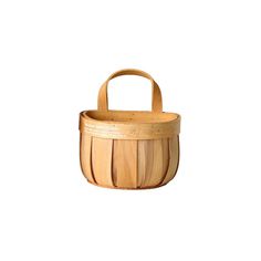 a small wooden basket with handles is shown on a white background and has the word's logo above it