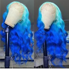 Ombre Blue Lace Front Wigs Synthetic Long Wavy Natural Hair Wig Blue Colored Glueless Lace Front Wig Pre Plucked Heat Resistant Synthetic Lace Front Christmas Frontal Wig, Wigs Colors For Black Women, Blue Wigs, Blue Hair Photoshoot, Dyed Wigs, Blue Wigs For Black Women, Ocean Blue Hair Color, Blue Black Lace Front Wig, Blue And Green Lace Front Wig