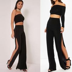 These sexy pants featuring high slits one each side with a high waist. Made with a knitted polyester blend these pants feature an elastic waist for both comfort and style. Perfect paired with a bodysuit or cropped top so be sure to visit our Tops & Bodysuit Collections to complete your look and rock your night on the town. Comes in 2 fabulous colors. Pants With Slits On The Side, Long Flowy Pants, Modeling Clothes, Party Crop Tops, Side Pants, Prom 2024, Business Suits, Womens Suits Business, Square Pants