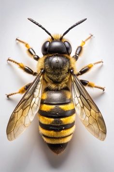 a yellow and black bee sitting on top of a white surface