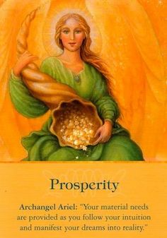 an angel holding a bowl of gold in her hands with the words prosperity above it