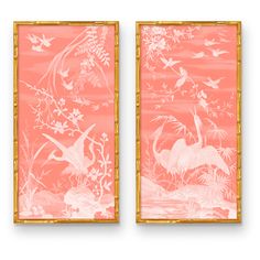 two framed paintings with birds and flowers on them, one in pink and the other in white