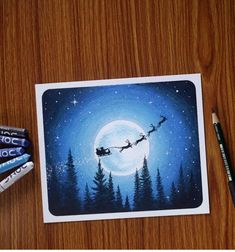 a painting of santa flying through the night sky with his sleigh