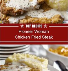 a plate with chicken fried steak and mashed potatoes on it, topped with gravy