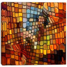 an abstract painting made up of many different colored squares and lines, with one person standing in the middle