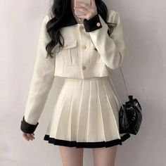 High Waist Pleated Skirt, Womens Skirt Suits, Suit White, High Waisted Pleated Skirt, Long Sleeves Coats, Short Coat, Pleated Mini Skirt, Korean Outfits, Skirt Suit