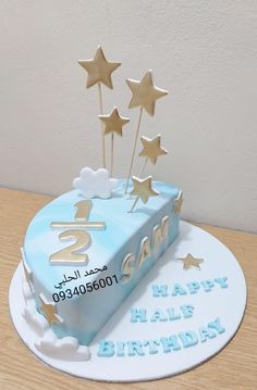 a blue birthday cake with gold stars on top