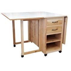 a wooden desk with two drawers on wheels