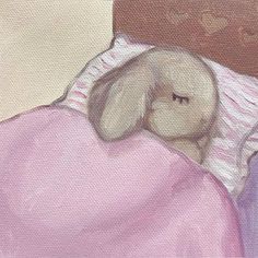 a painting of a stuffed animal sleeping in a bed with pink sheets on it's side