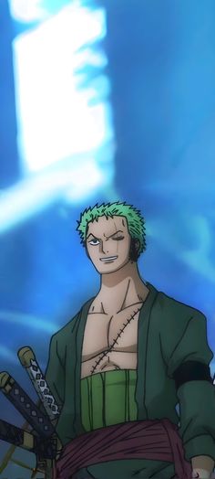 an anime character with green hair and no shirt holding two chains in front of him