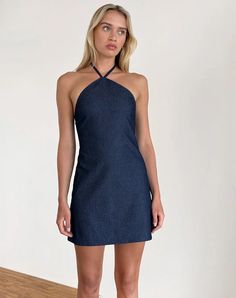 Indigo Chambray Denim Mini Dress | Belinda – motelrocks-com-us Halterneck Mini Dress, Party Dress Long Sleeve, Bandeau Dress, Denim Mini Dress, Halter Mini Dress, Crop Top Sweater, Halterneck Dress, Body Con Skirt, Party Dress Long