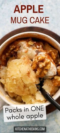 an apple mug cake in a bowl with a spoon