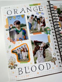 an open notebook with pictures of people and words on the pages that read orange blood