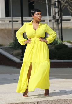 Long Sleeve Chiffon Maxi Dress Say hello to the Sun Goddess! Our dazzlingly yellow maxi dress will have you feeling out of this world. Featuring front faux buttons, back tie, and sheer sleeves for a divine look. Plus, a stylish center split - because even the gods get a little hot under the collar. Perfect for spring and ready for some sunshine! Model is 5'5 wearing size M (8-10). Runs true to size. Order your normal size. Classic collar. Button front. Tie waist. Center split. Partial lining. 10 Yellow Chiffon Long Sleeve Dress, Yellow Solid Color Maxi Dress For Spring, Yellow Chiffon Floor-length Maxi Dress, Solid Color Long Sleeve Maxi Dress For Casual Wear, Fitted Yellow Chiffon Maxi Dress, Yellow Solid Color Maxi Dress For Party, Yellow Chiffon Dress For Day Out, Chic Yellow Chiffon Midi Dress, Elegant Yellow Maxi Dress For Day Out