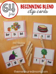 the beginning blend clip cards are shown with pictures of food and words on them,