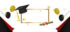 graduation cap, diploma and streamers with stars around it on a white background in the shape of a rectangle