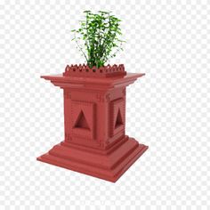 a red planter that is sitting on top of a stand with grass growing out of it