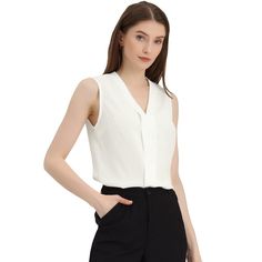 This elegant work blouse featuring a sleeveless design, and a v-neck has a basic style. You can pair this blouse with a variety of skirts, jeans, leggings, sneakers, or heel sandals to complete a casual look. This satin blouse with v neckline has a subtle texture with a solid color for a professional woman look. The soft and smooth fabric ensures all-day comfort. Fitted Sleeveless Blouse For Office, Solid Color Sleeveless Blouse For Work, Elegant Fitted V-neck Top For Work, Sleeveless Blouse For Work, Elegant Sleeveless V-neck Top For Work, V-neck Tank Top For Office In Summer, Casual Sleeveless Blouse For Office, Casual Sleeveless Office Blouse, Fitted V-neck Blouse For Business Casual