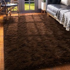 a living room filled with furniture and a brown rug