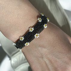 Black Floral Bracelet, Bead Daisy Bracelet, Wide Cuff Bracelet, Cute Elegant Dainty, Aesthetic Flower, Gift for Her, Gift Ideas - Etsy Ukraine Handmade Black Cuff Bracelet With Round Beads, Handmade Black Cuff Bracelet As Gift, Handmade Black Cuff Bracelet Gift, Handmade Black Cuff Bracelet For Gift, Black Cuff Bracelet With Round Beads For Gift, Trendy Black Flower-shaped Jewelry, Black Flower Bracelets For Gifts, Adjustable Black Flower Jewelry, Spring Gift: Black Jewelry