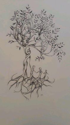 a drawing of a tree with two people sitting on it's branches and birds flying around