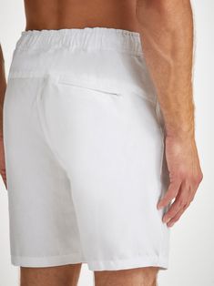 Our Sydney shorts in white are cut for a regular fit for the perfect, warm weather ready style. We have developed a mid-weight, beautifully soft and breathable pure linen that will keep you cool and comfortable in even the hottest of conditions. This made in Italy fabric is finished by being piece-dyed before construction for a bright and vibrant pure white. The Sydney short features a curved back yoke for a great fit and an elasticated waistband with drawcord for comfort. The front of the short Beach Relaxing, Mens Linen Shorts, Minimalist Rose, Rose Cookies, Rose Logo, Derek Rose, Casual Shorts Men, Pin Lock, Evening Walk