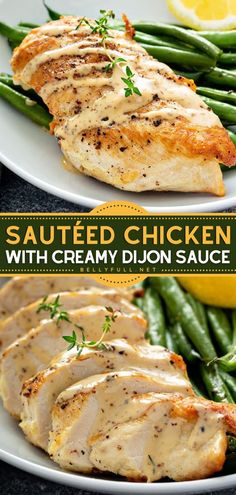 grilled chicken with creamy dijon sauce is served on two white plates and garnished with fresh green beans