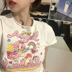 Korean Aesthetic Clothes, Cartoon Y2k, Kawaii Vintage, Crochet Boho Top, Y2k Crop Top, Tshirt Oversized, Custom Tank Tops, Angel Print, Girls Crop Tops