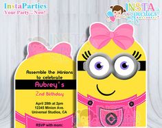 a pink and yellow minion birthday party card