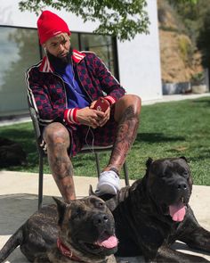 a man sitting in a chair next to two dogs with tattoos on their arms and legs