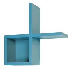 a blue shelf with two shelves on each side and one in the middle, against a white background