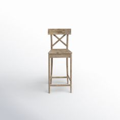 a wooden stool with a cross back and seat on the front, against a white background