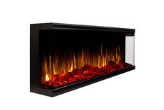 an electric fireplace with red flames on the side