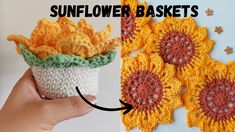 a crocheted sunflower basket sitting on top of a table next to a hand holding it