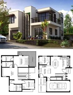 two story house plan with garage and living room in the middle, surrounded by greenery