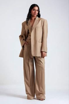 Desert tan solid blazer featuring notched lapel collar and front pockets. Paired with a co-ordinating waistcoat and a pant. - Aza Fashions Lapel Blazer, Blazer Set, Pant Sets, Indian Designer Wear, Set Women, Indian Design, Designer Wear, Lapel Collar, Aza Fashion