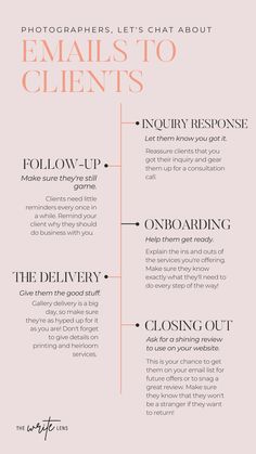 Photographers, let's chat about emails to clients. Inquiry response. Follow-up. Onboarding. The Delivery. Closing out. Words To Describe Jewelry, How To Email Like A Boss, Email Marketing Planner, Brand Copywriting, Email Campaign Ideas, Marketing Scripts, Photographer Email Templates, Marketing For Photographers, Business Writing Skills