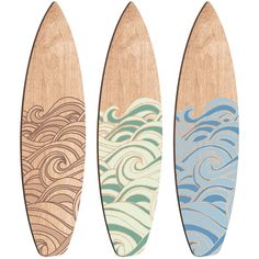 three surfboards with different designs on them, one in the shape of an ocean wave