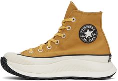 High-top cotton twill sneakers in yellow. Faux-leather logo patch at inner side. · Round textured rubber cap toe · Lace-up closure · Canvas lining · Padded CX foam footbed · Foam rubber platform midsole · Treaded rubber outsole · Platform: H1.5 in Supplier color: Burnt honey/Thriftshop yellow Chuck 70, Converse Sneakers, Black Friday Deals, Mens Sportswear, Sneaker Collection, Personal Shopping, Sneakers For Sale, Patch Logo, Cotton Twill