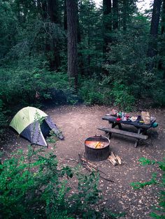 there is a tent set up in the woods next to a fire pit and picnic table