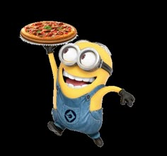 a minion holding a pizza on top of it's head in the air