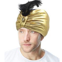 PRICES MAY VARY. 【Design】: Indian Turban Gold Sultan Hat is stunning, embellished with rhinestone and black feather. As Arab prince or governor of the East, this genie swami turban embodies all the pride and tradition of your family! 【Material】: The Salim Sultan Hat is made of 100% shiny polyester(metallic) and features an elastic, which is lightweight, breathable and safe will not cause any harm to the head. 【Proper Size】: Unisex Indian Arabic Genie Turban. One size fits for most men and women. Sultan Aladdin, Arab Hat, Indian Turban, Women Fancy Dress, Feather Costume, Arabian Costume, Arab Style, Headband Wrap, Dramatic Style