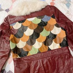 70s Vintage Patchwork Leather Jacket With Rabbit Fur Collar. 3 Button Closure, Attached Belt. By K&H Genuine Leather Aaa Quality Columbus Ohio. In Excellent Vintage Condition. I Bought This Over A Year Ago And Love It But Don’t Find Myself Reaching For It Often Enough, Would Love For This To Go To Someone Who Will Give It More Wear! Measurements: Shoulders: 16” Pit To Pit: 18” Shoulder To Bottom: 22.5” #Vintage #Leather #70s #Patchwork Multicolor Leather Outerwear For Fall, Retro Fall Outerwear For Vintage Fashion, Retro Brown Patchwork Outerwear, Multicolor Leather Winter Outerwear, Red Vintage Leather Jacket With Long Sleeves, Retro Brown Outerwear For Vintage Fashion, Retro Patchwork Outerwear For Fall, Retro Single Breasted Leather Jacket With Long Sleeves, Retro Single-breasted Leather Jacket With Long Sleeves