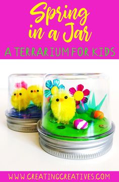 two small plastic chicks in a jar with the words spring in a jar