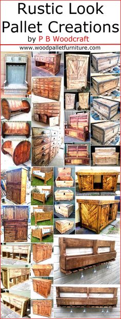 some wooden crates and boxes are shown with the words rustic look pallet creations on them