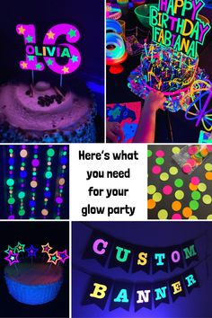 there is a collage of photos with neon lights and decorations in the shape of letters