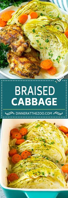 cabbage and carrots in a casserole dish with the words braised cabbage