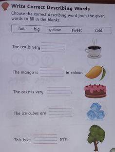 a piece of paper with words and pictures on it that say, write correct describing words