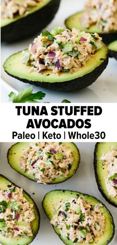 stuffed avocados with tuna and cilantro on top are shown in this recipe