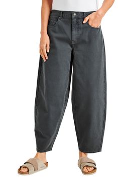 These slouchy lightweight pants are right on trend with a comfy elastic-back waist and barrel legs that curve out at the knees and taper to the cuffs. 26 1/2" inseam; 13 1/2" leg opening; 9 1/2" front rise; 11 1/2" back rise Zip fly with button closure Five-pocket style Back elastic waist 81% cotton, 19% viscose Machine wash, tumble dry Imported Trendy Elevated Casual Pants With Tapered Leg, Trendy Tapered Leg Pants For Elevated Casual Occasions, Trendy Tapered Leg Pants For Elevated Casual, Trendy Tapered Leg Bottoms For Elevated Casual, Trendy Tapered Leg Smart Casual Bottoms, Relaxed Baggy Bottoms With Tapered Leg, Relaxed Tapered Leg Bottoms For Elevated Casual, Baggy Tapered Leg Pull-on Pants, Chic Baggy Tapered Leg Harem Pants